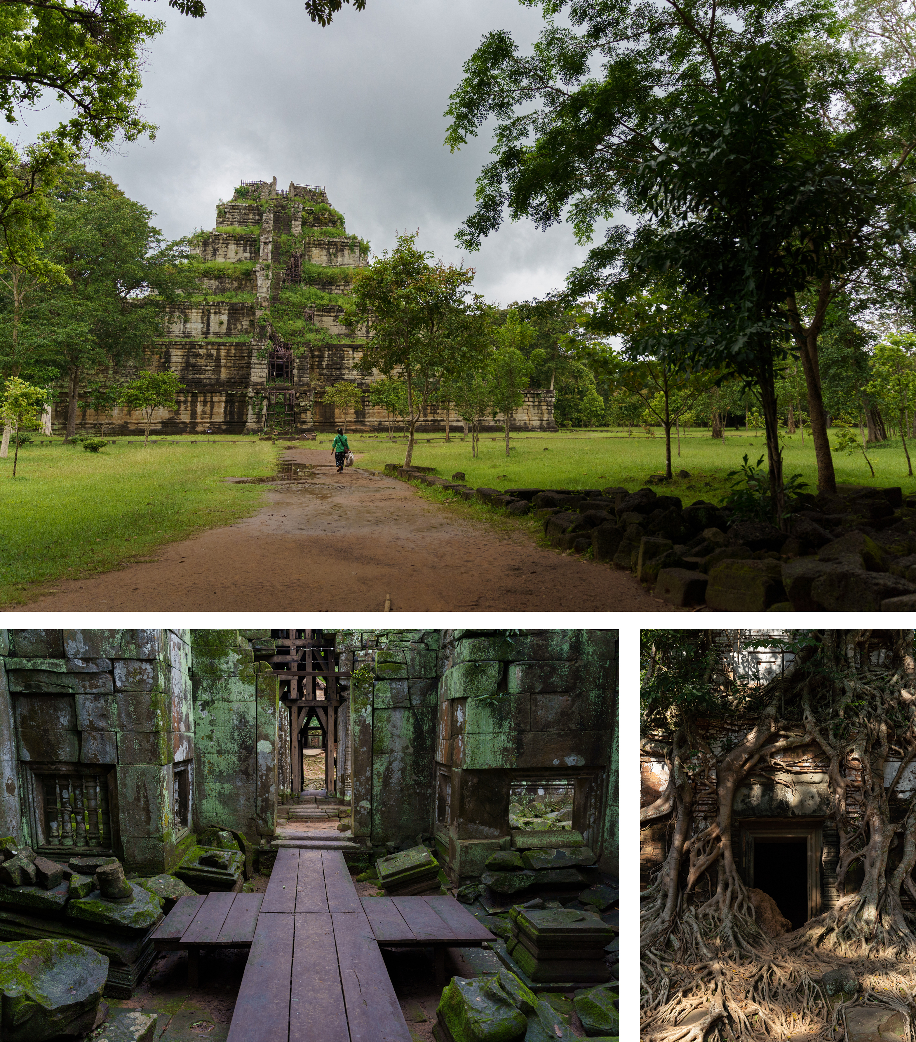 TOP: A visitor approaches the seven??'tiered pyramid of Prasat Thom at Koh Ker in Cambodia on Aug. 10, 2022. BOTTOM LEFT: One of the chambers at the Prasat Thom temple in Koh Ker is pictured that same day with several pedestals of missing statues that were likely looted. BOTTOM RIGHT: Trees grow over a structure at Prasat Pram in Koh Ker on Oct. 26, 2019. (Photos by Thomas Cristofoletti/Special to The Denver Post)
