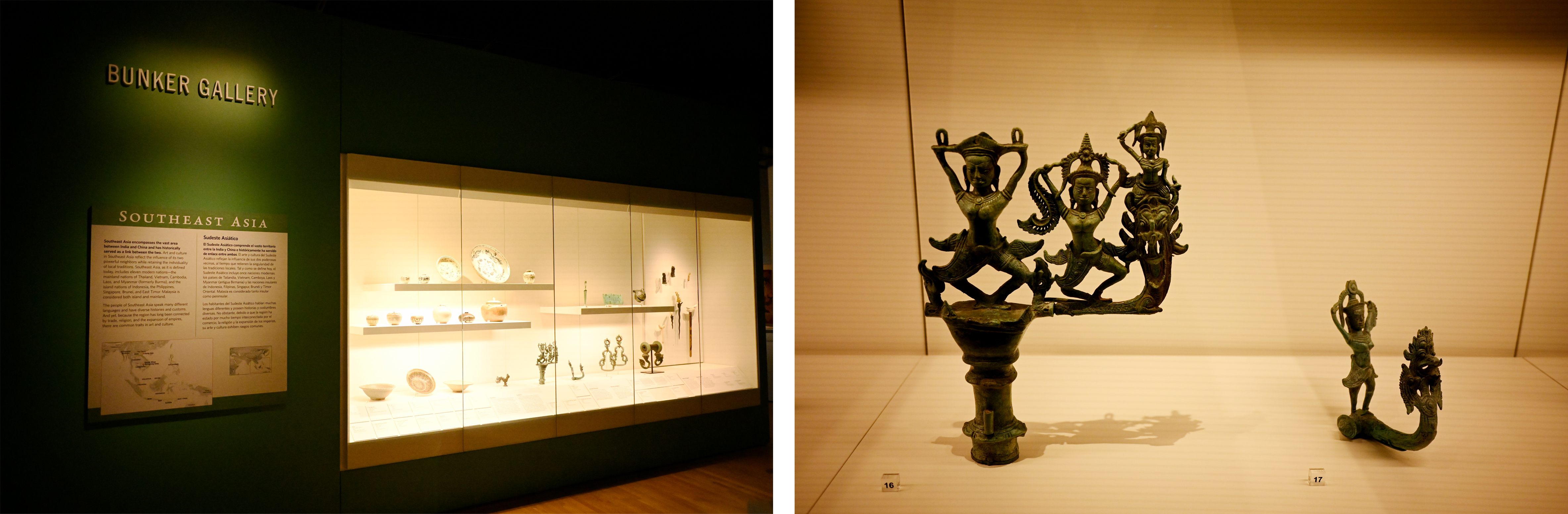 LEFT: The Bunker Gallery section of Denver Art Museum's Southeast Asian art gallery is pictured on Oct. 25, 2022. RIGHT: Inside the Bunker Gallery an ornament with deity figures from Cambodia, estimated to have been crafted in the 1100s out of Bronze, is labeled as a gift of Mrs. John Bunker. (Photos by Hyoung Chang/The Denver Post)