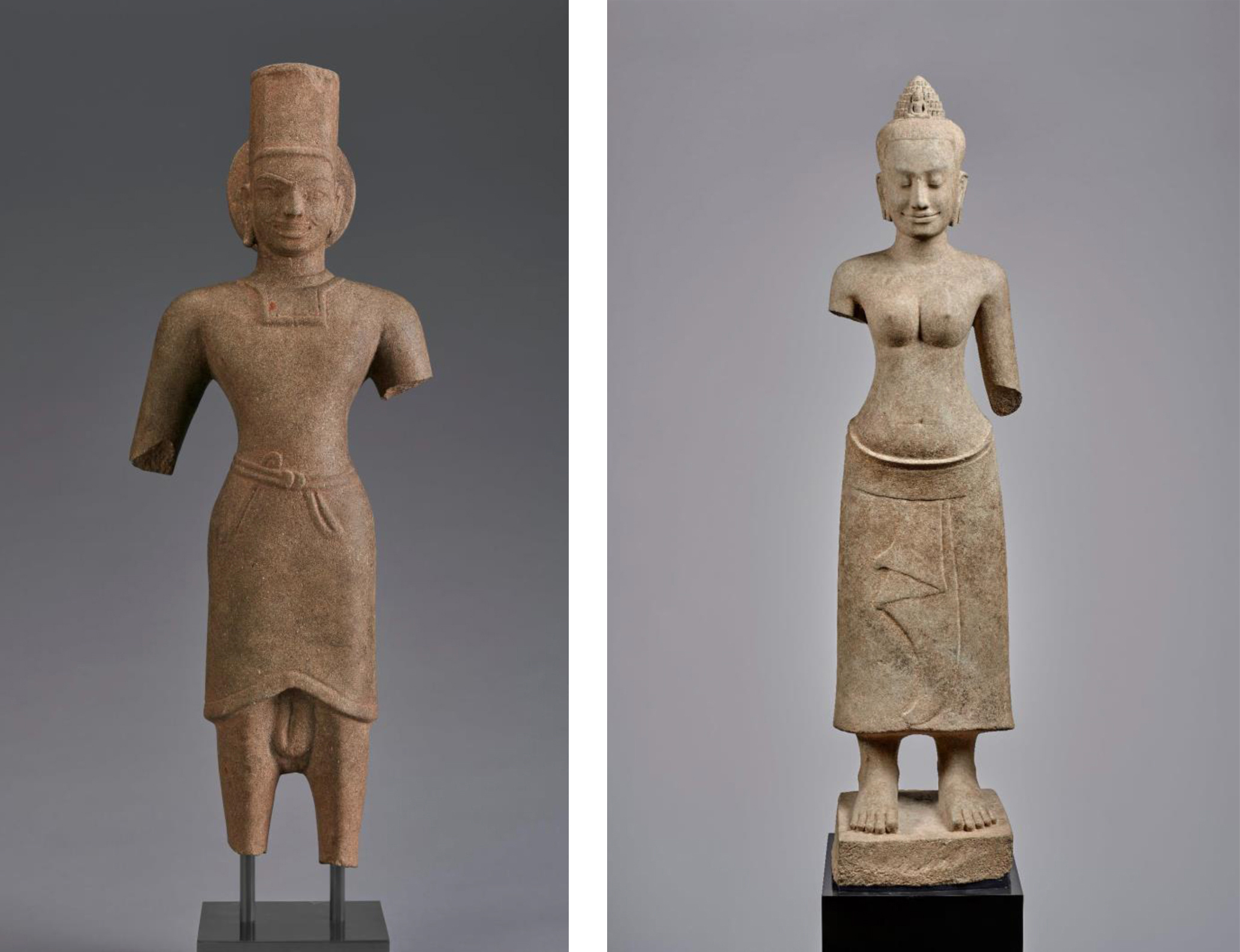 LEFT: A 7th to 8th century Khmer sandstone sculpture depicting standing Surya, the sun god is pictured. RIGHT: A late 12th century Khmer sandstone sculpture depicting standing Prajnaparamita, the goddess of transcendent wisdom is pictured. The U.S. Department of Justice sought the forfeiture of both sculptures to return to Cambodia, alleging they were stolen and sold to the Denver Art Museum. (Images provided by U.S. Department of Justice)
