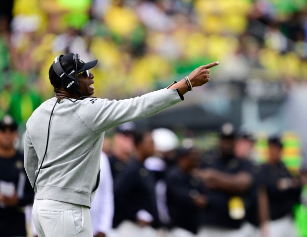 Colorado Buffaloes head coach Deion Sanders on the sidelines against the Oregon Ducks at Autzen Stadium in Eugene, Ore., on Sept. 23, 2023. (Photo by Andy Cross/The Denver Post)