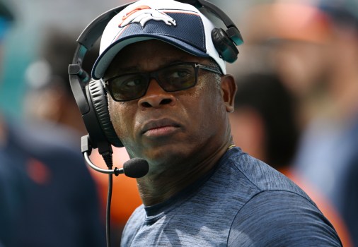 Broncos defensive coordinator Vance Joseph coaches from the sideline during the game at Hard Rock Stadium on September 24, 2023 in Miami Gardens, Florida. The Miami Dolphins become 3-0 as they beat the now 0-3 Denver Broncos 70 to 20 during week 3 of the NFL season. (Photo by RJ Sangosti/The Denver Post)