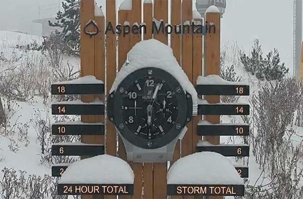 The webcam focused on the snow stake at the top of Aspen Mountain not only informs skiers and snowboarders how much snow has fallen in the previous 24 hours (left), snow is allowed to collect on the right side from the beginning of a storm to the end if it is a multi-day event. The webcam also allows viewers to watch the previous 24 hours in time lapse. (PROVIDED BY ASPEN SNOWMASS)