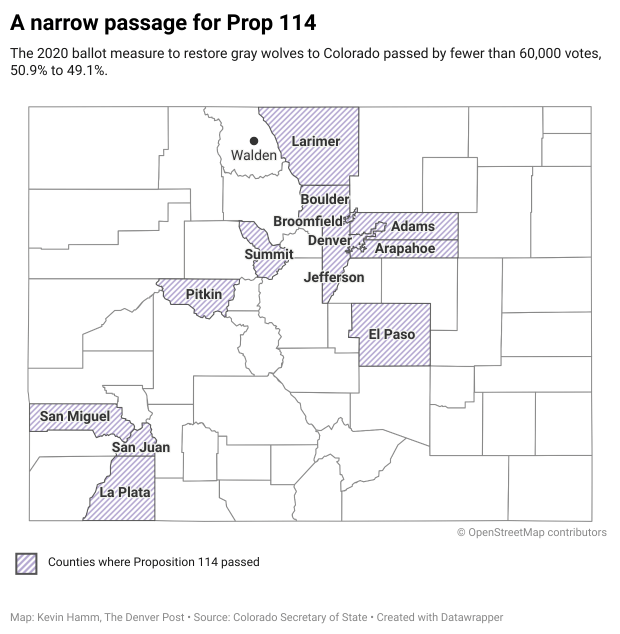 Proposition 114 results map for Colorado wolf reintroduction ballot question